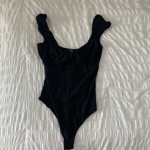Lulus Cap Sleeve Tie Ribbed Bodysuit with Open Back